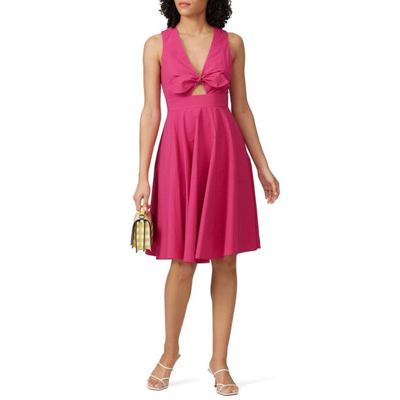 Slate & Willow Sz 2 Hot Pink Tie Front V-Neck Poplin A-Line Knee Length Dress - Picture 1 of 7